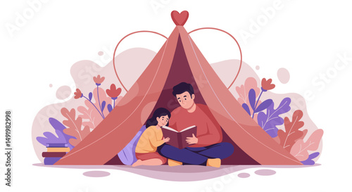 Loving father and young daughter enjoy reading a book together inside a cozy tent, surrounded by plants and books, in a heartwarming illustration.