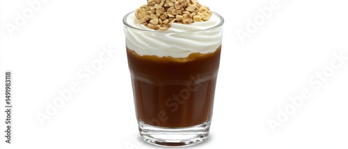 Coffee Drink with Whipped Cream and Nuts in a Glass on White Background Studio Shot Close Up Delicious Beverage