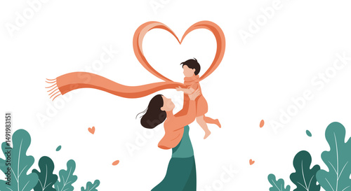 Illustration of a loving mother holding her young child, their orange scarves forming a heart shape, symbolizing maternal love and affection, with green foliage below.