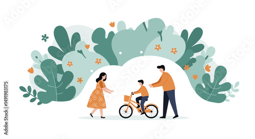 Loving parents teach their young son how to ride a bicycle in a beautiful park with stylized green foliage and orange flowers.