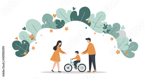 Young family, mother and father, teaching their small son to ride a bicycle outdoors in a park with stylized foliage, flat vector illustration.