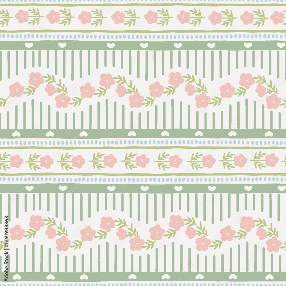 Vector cute cartoon hand drawn illustration. Seamless pattern of pink flowers and leaves on horizontal striped background with heart. Ideal for textile print, baby clothes, wallpaper, cleaning.