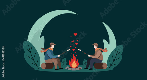 A romantic couple enjoys a cozy evening roasting marshmallows over a campfire in a stylized outdoor setting with foliage and floating hearts.