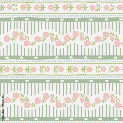 Vector cute cartoon hand drawn illustration. Seamless pattern of pink flowers and leaves on horizontal striped background with heart. Ideal for textile print, baby clothes, wallpaper, cleaning.