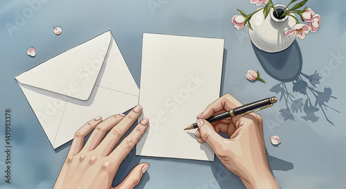 Woman writing a letter with a pen on a blue table with flowers  