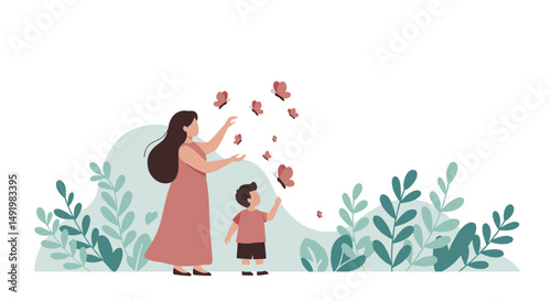 A heartwarming flat vector illustration of a mother and her young son enjoying a moment together in nature, surrounded by lush green plants and fluttering pink butterflies.