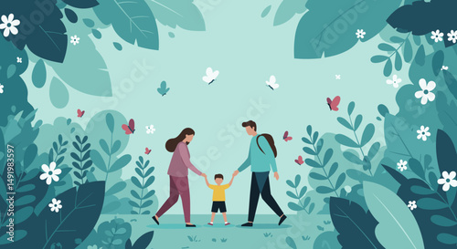 Young family, mother, father, and small child, enjoy a leisurely walk together through a vibrant, stylized forest filled with lush foliage, flowers, and fluttering butterflies.