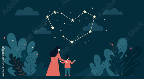 Illustration of a mother and her young son looking up at a heart-shaped constellation in the starry night sky, surrounded by lush foliage.
