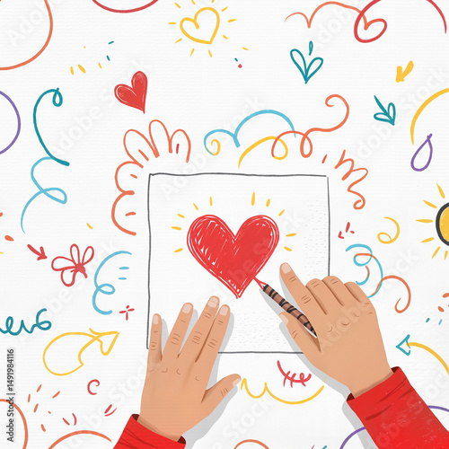 Hands drawing a heart on paper surrounded by colorful doodles  