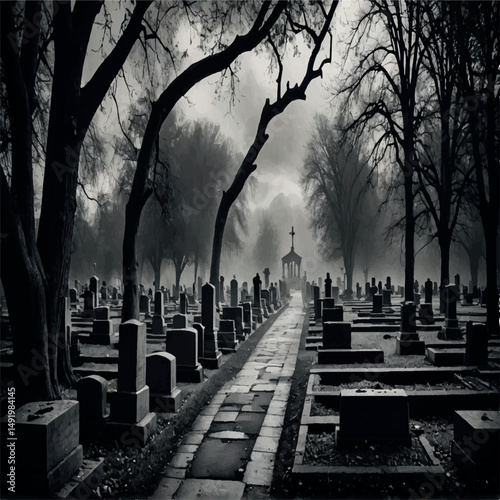A black and white image depicts a somber graveyard scene shrouded in mist, with aged tombstones lining a stone pathway that leads to a structure with a cross atop it, surrounded by bare, dark trees.