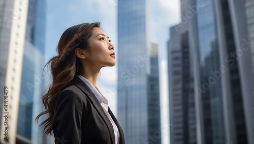confident and professional young Asian businesswoman looking up while standing against contemporary corporate skyscrapers