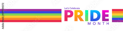 Minimalist white background with bold Pride Month text and horizontal rainbow bar in center, Flat Illustration
