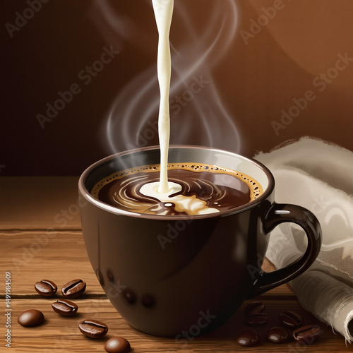Coffee cup with steaming milk pouring on wooden table