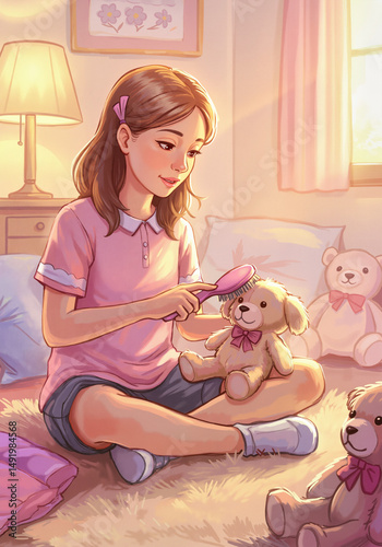 Young girl brushing teddy bear in cozy bedroom during evening light  