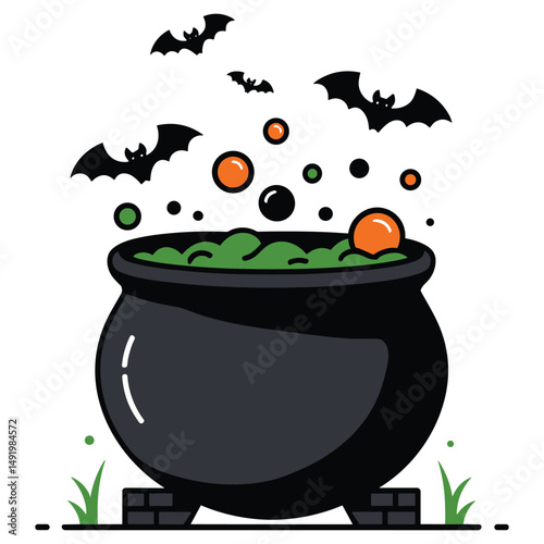 Halloween Cauldron with Green Potion and Flying Bats Vector silhouette Illustration on White Background