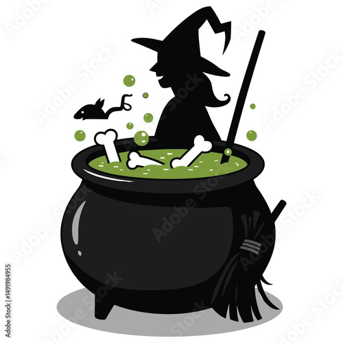 Halloween Witch Stirring Cauldron with Bones and Broom Halloween Vector silhouette on White Background
