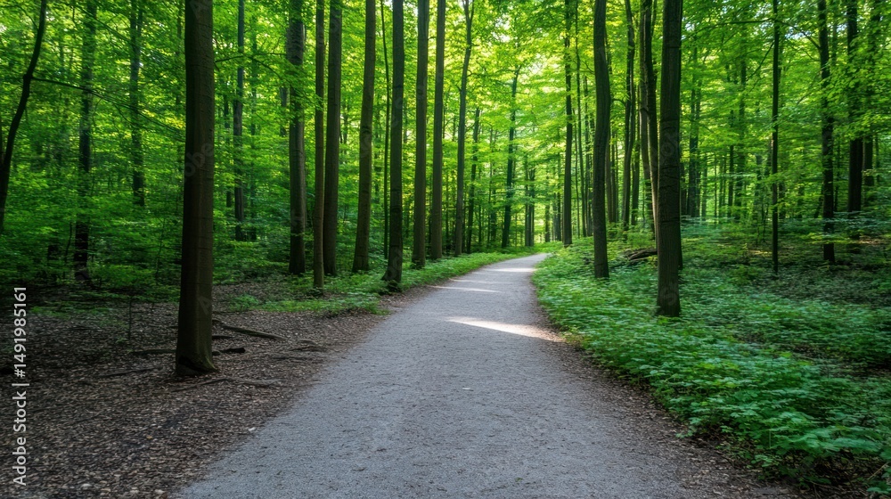 Fototapeta premium Sunlit path winding through a lush green forest with tall trees and vibrant undergrowth.