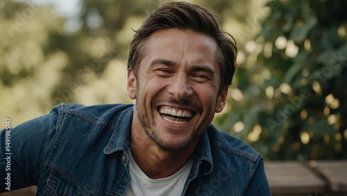 Unrestrained laughter from happy man.

