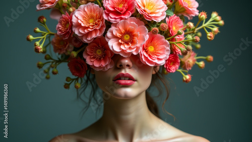 Portrait of a woman adorned with vibrant peach and coral colored blossoms