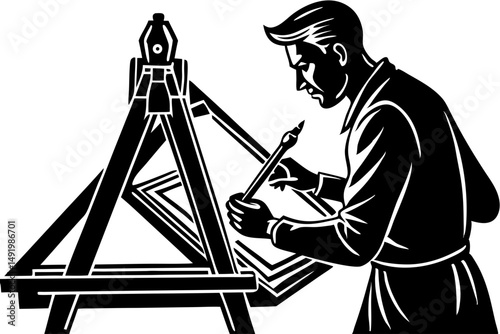 Architect working at drafting table profile silhouette design vector illustration, architect, drafting, table, profile, silhouette, design, vector, illustration, engineering, construction, drawing, pl