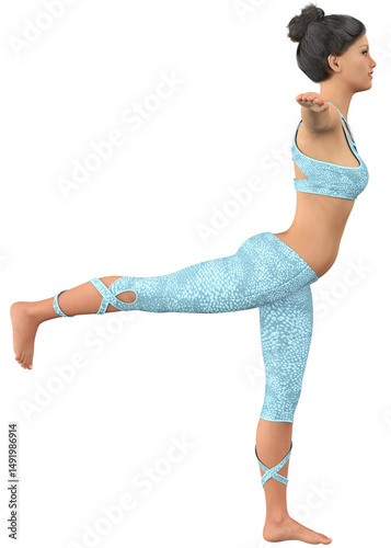 3D illustration of a woman in blue yoga attire practicing yoga. Ideal for wellness designs, sport themed illustrations. Caucasian young woman with dark hair in blue sports suit doing yoga exercise.