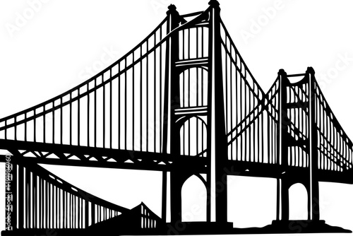Black silhouette design of a suspension bridge side profile, suspension bridge, side profile, silhouette, vector, bridge, architecture, construction, transport, infrastructure, cable, ropes, structure