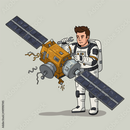 Colorful vector astronaut with big blue eyes, sitting peacefully on the moon while inspecting a tiny red satellite.