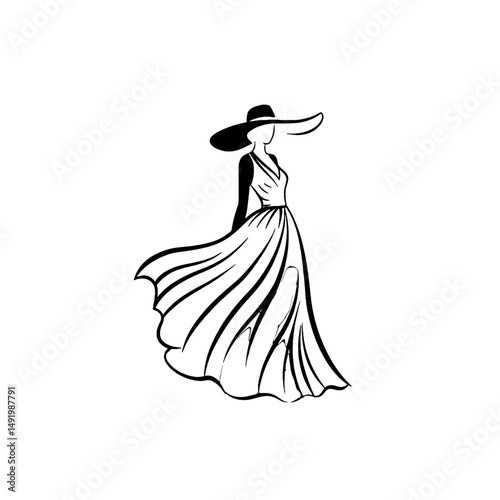 Elegant Woman in a Flowing Dress and Wide Brim Hat
