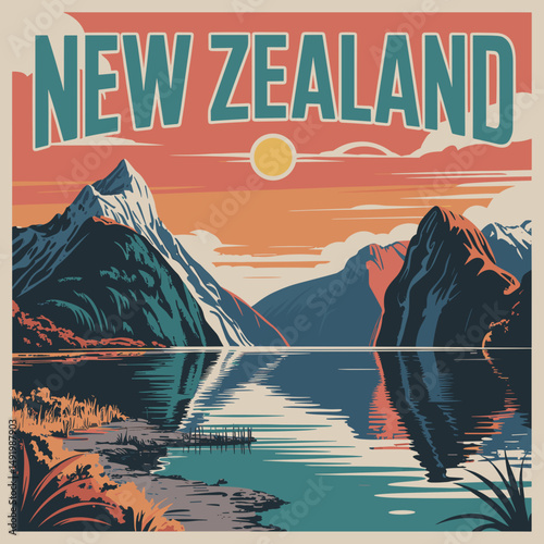 New Zealand Fiordland Mountains and Coastal Lake – Scenic Poster