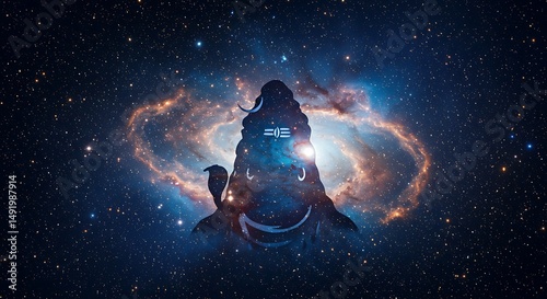 Deity silhouette in cosmic space