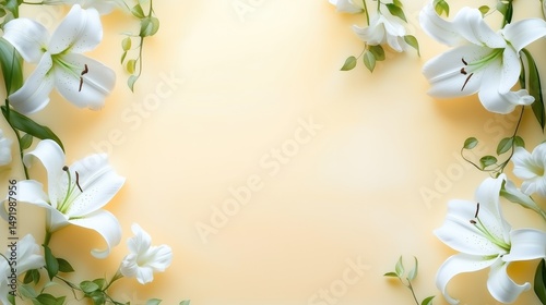 Elegant Floral Frame with White Lilies and Soft Peach Background for Celebrations and Invitations