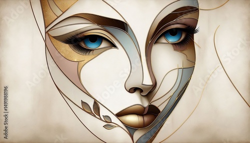 Abstract portrait with intricate design and striking blue eyes displayed against a neutral background
