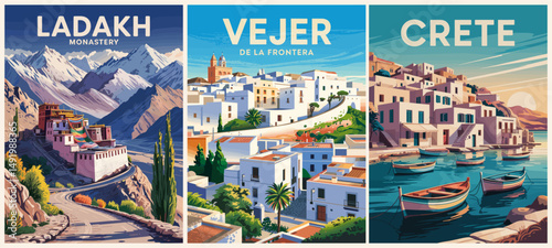 Set of Travel Destination posters in Retro style. Ladakh, India, Vejer, Spain, Greece landscape vector art illustrations
