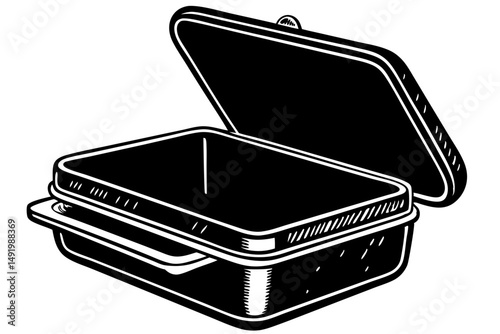 Open lunchbox silhouette with apple showing front angle vector design, lunchbox, silhouette, vector, design, apple, food, meal, nutrition, fruit, healthy, eating, school, work, container, packed, lunc