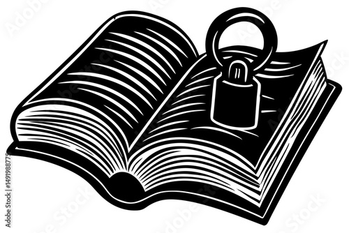 Silhouette of an open padlock with a book design symbolizing knowledge, padlock, open, book, inside, silhouette, symbolic, security, knowledge, learning, education, protection, safety, access, library