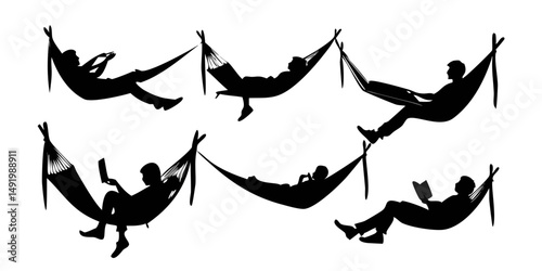 Reading man on hammock vector silhouette.Abstract design with scattered white lines on a black backgroundA striking, minimalist image showcasing white lines radiating outwards against a pure black bac