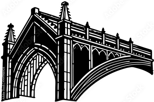 Silhouette profile depicting a cathedral flying buttress structure, flying buttress, profile, silhouette, church, building, architecture, gothic, detail, design element, black and white, vector, illus
