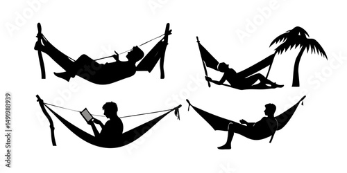 Reading man on hammock vector silhouette.Abstract design with scattered white lines on a black backgroundA striking, minimalist image showcasing white lines radiating outwards against a pure black bac