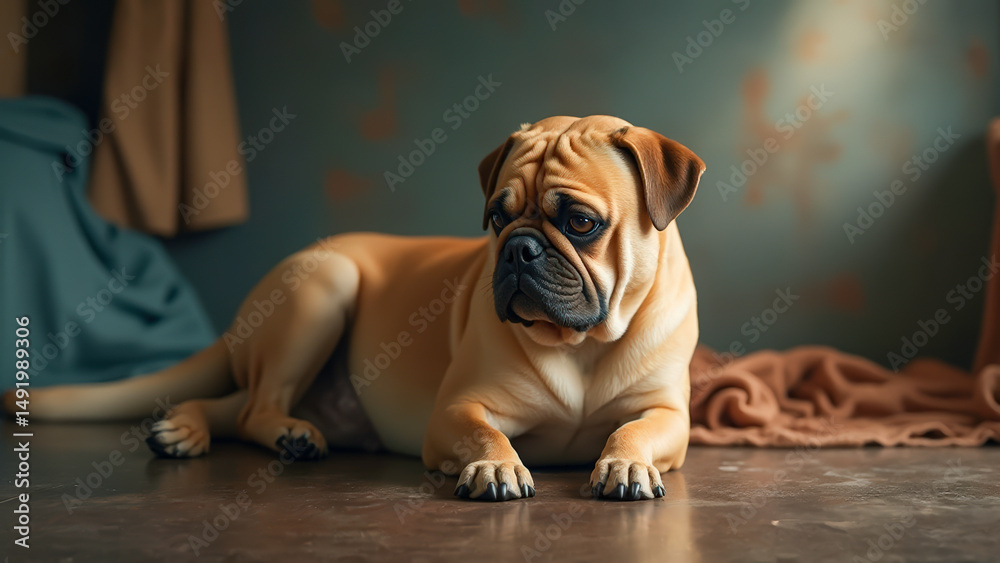 Fototapeta premium Captivating canine portrait showcasing a fawn-colored bulldog's expressive gaze