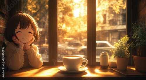 Anime girl smiling in cafe with coffee, sunny