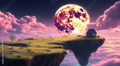 Floating island with a house against dreamy moonlit sky