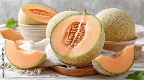 Fresh cantaloupe slices and whole melons (1)