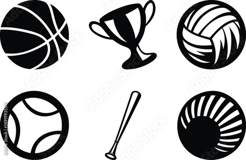 Premium quality various sports equipment silhouette vector graphics resource design, various sports equipment line art vector illustration set