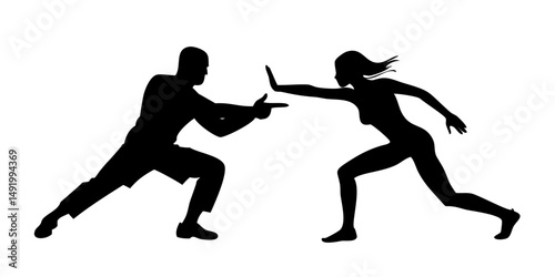 A silhouette of a man and a woman in a fighting pose with action mode.A solid black image with no visible content..A completely black image, devoid of any visual elements.