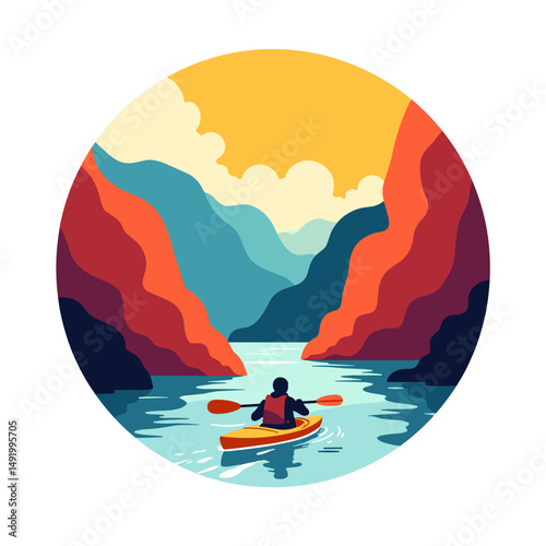 Kayaker paddling through serene canyon waters during sunset  