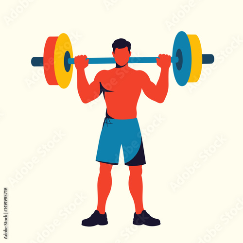 Strong man lifting a barbell with colorful weights in gym setting  