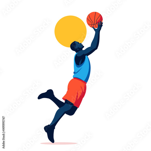 Man jumping to shoot basketball with sun in the background - Concept of action  