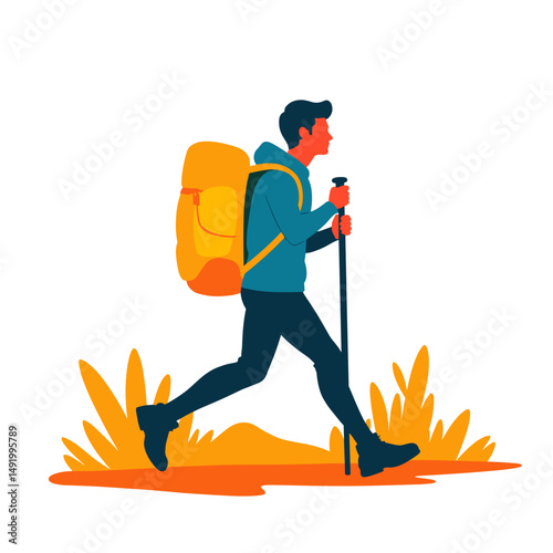 Young man hiking with backpack and walking stick in nature  