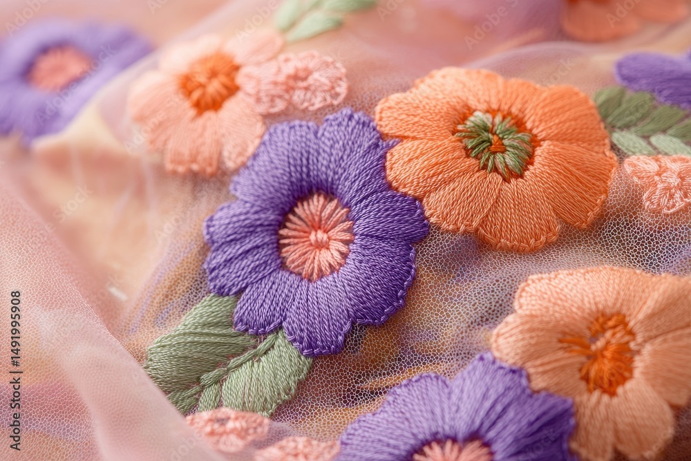 A close up of floral embroidery in peach reveals intricate stitching and delicate design details A close up of floral embroidery in peach reveals intricate stitching and delicate design details