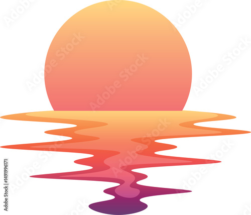 Minimalist vector illustration of a sunset with a glowing sun and colorful water reflection. Ideal for tropical themes, travel designs, serene landscapes, or calming graphic compositions.